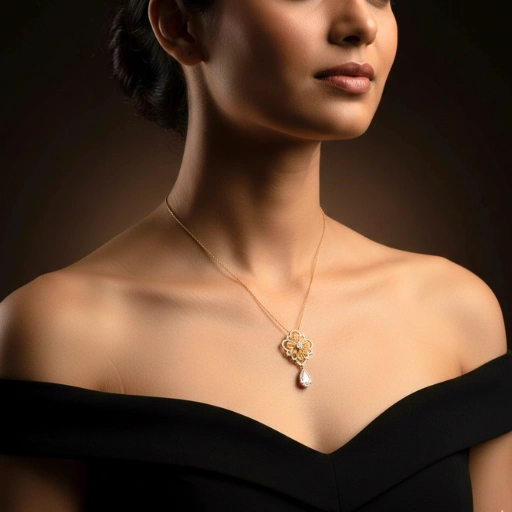 Gold necklace collections arranged in a display case.