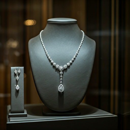 Elegant display of diamond necklaces inside the showroom.