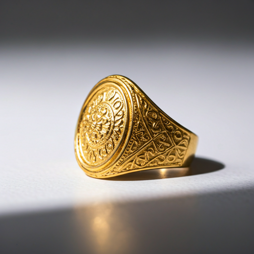 A close-up shot of a golden ring with intricate designs.