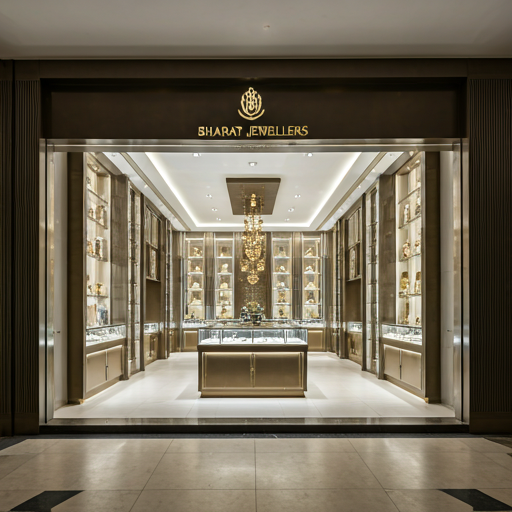 The modern and luxurious storefront of Bharat Jewellers.